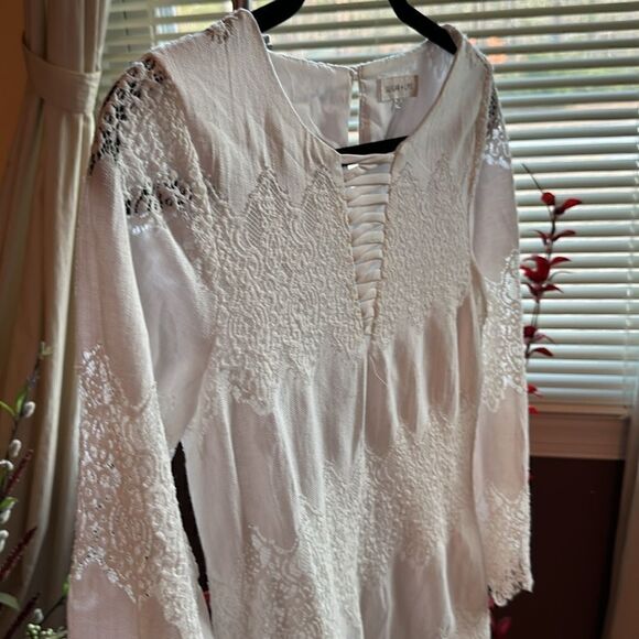 🦋SUGAR +lips White Lace boho bell sleeves fully lined strappy V- Neck SZ XS - Picture 8 of 15